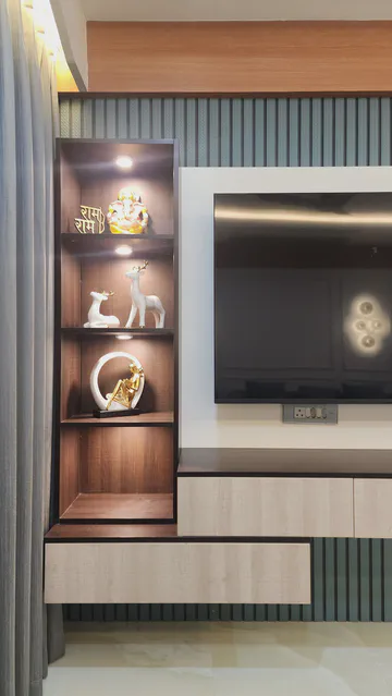 Contemporary entertainment center with artistic lighting and premium materials