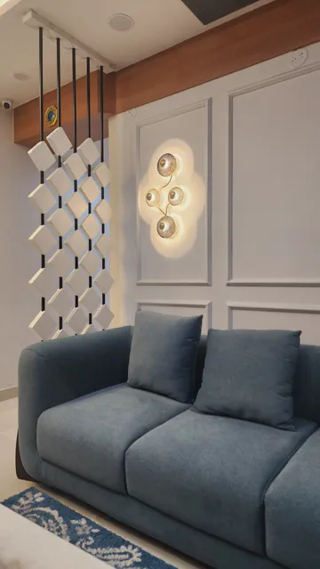 Sophisticated living space with geometric coffee table and ambient lighting