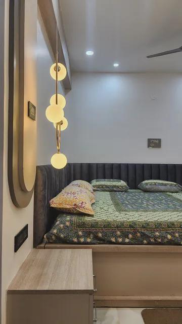 Contemporary living space with premium materials and artistic lighting