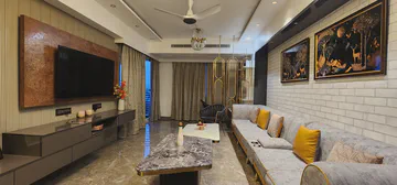 Luxurious living room with traditional artwork and premium materials