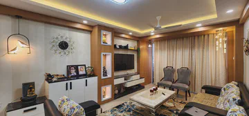 Modern living space with warm wooden accents and contemporary design